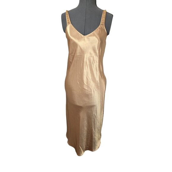 Vintage Y2k 90s California Dynasty Gold Satin Slip Dress With Lace Straps Fairy - Picture 1 of 5
